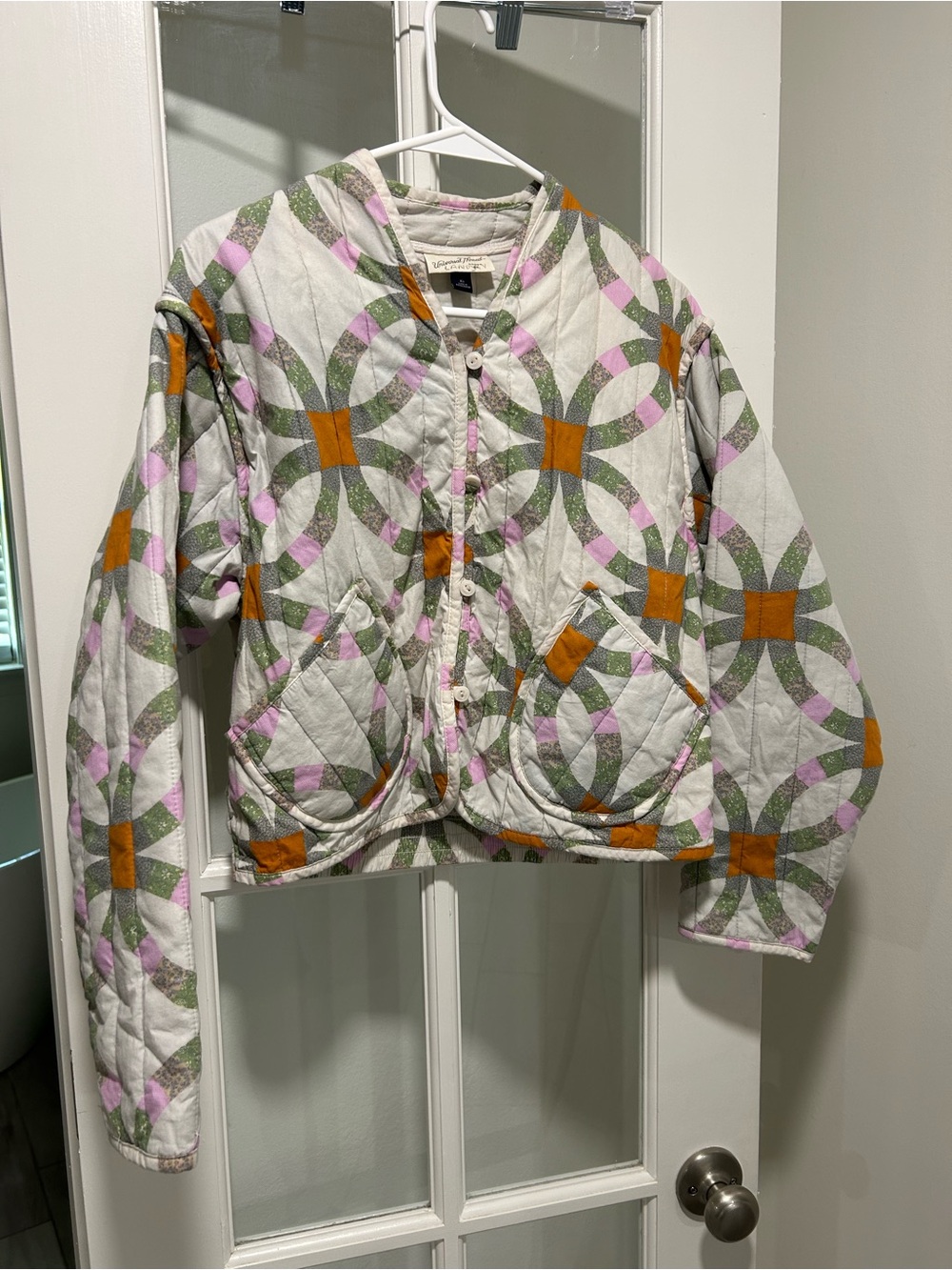 Quilted Patterned Button-Front Jacket in White with Olive, Pink & Orange